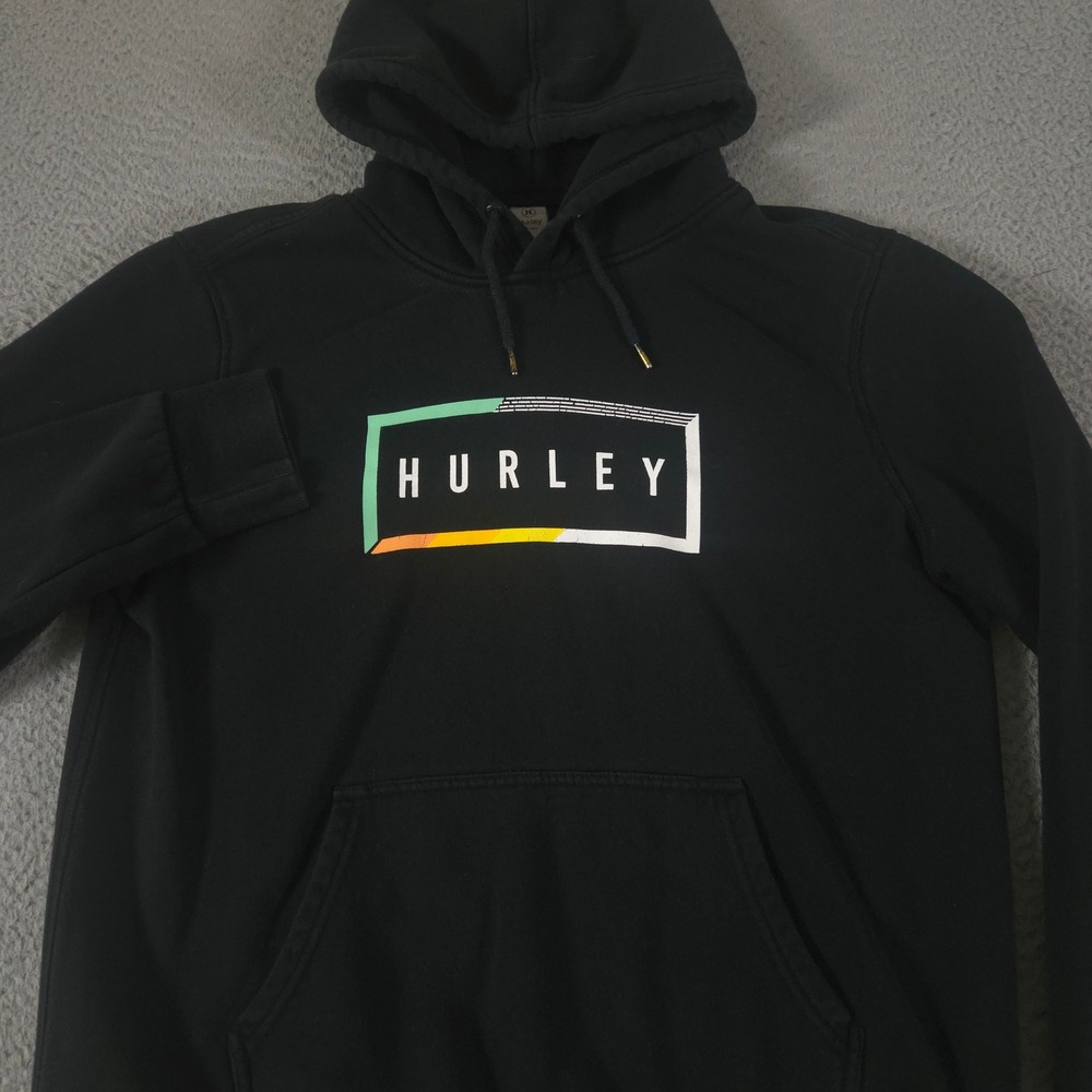 Hurley Hoodie Mens Large Black Graphic Fleece Lined Pullover Box Logo Sweatshirt
